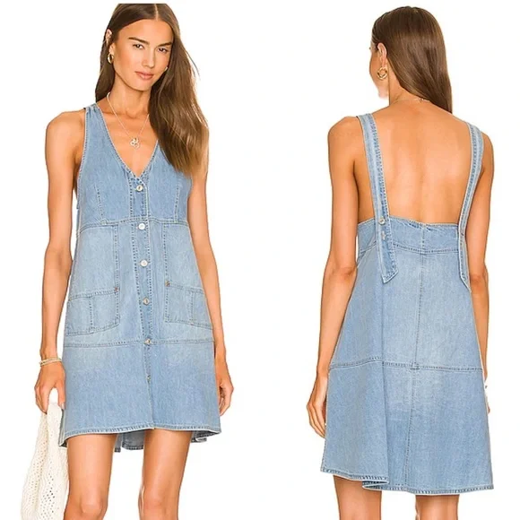 FREE PEOPLE Blue Bloom Pocket Full of Sunshine Denim Button-Up Shift Dress M - Picture 9 of 9